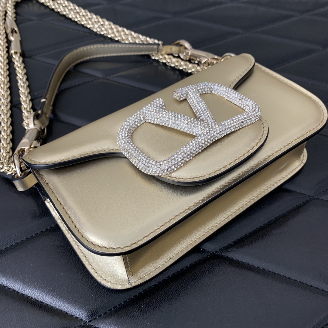 Valentino Garavani Loco Small Shoulder Bag in Gold Calfskin Leather 